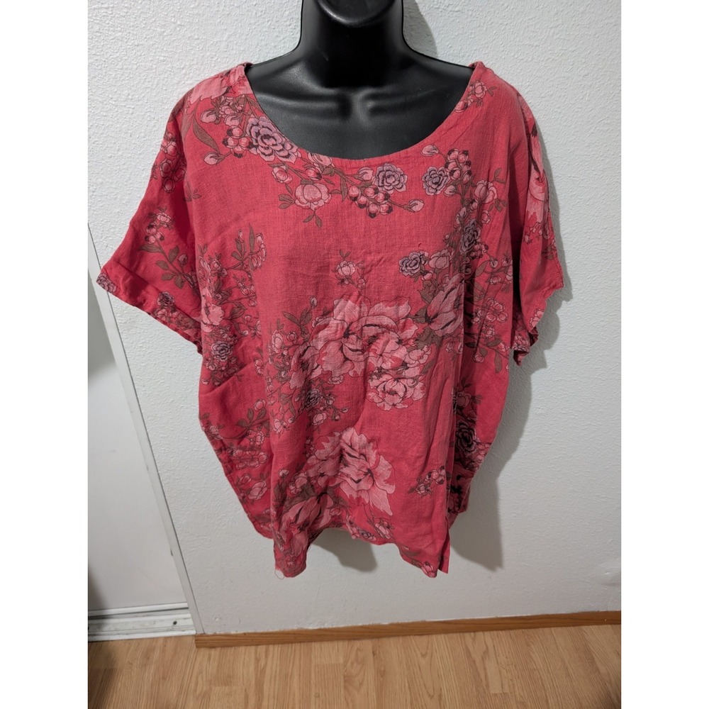 M Made In Italy Linen Floral Blouse Women's M Reddish Lagenlook‎ Dolman Top